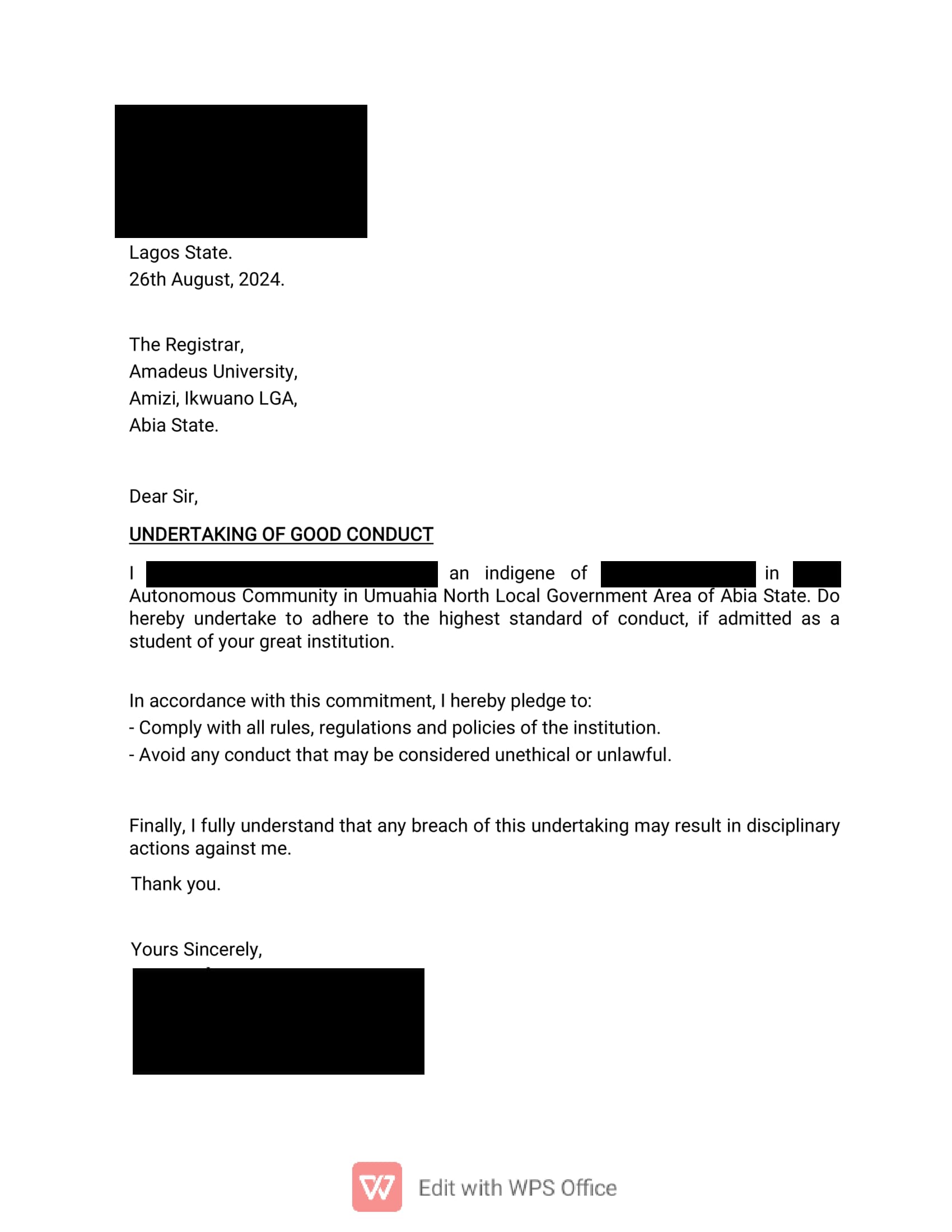 Preview of Undertaking of Good Conduct Document