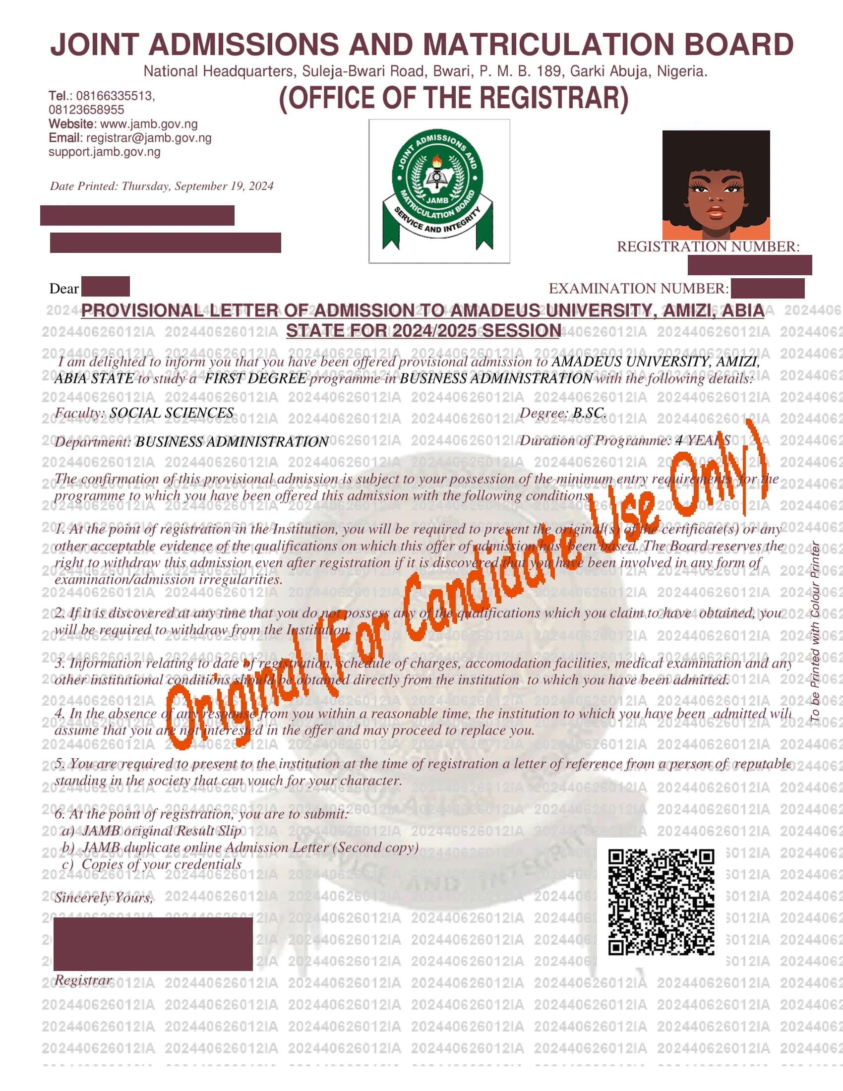 Preview of JAMB Admission Letter Document