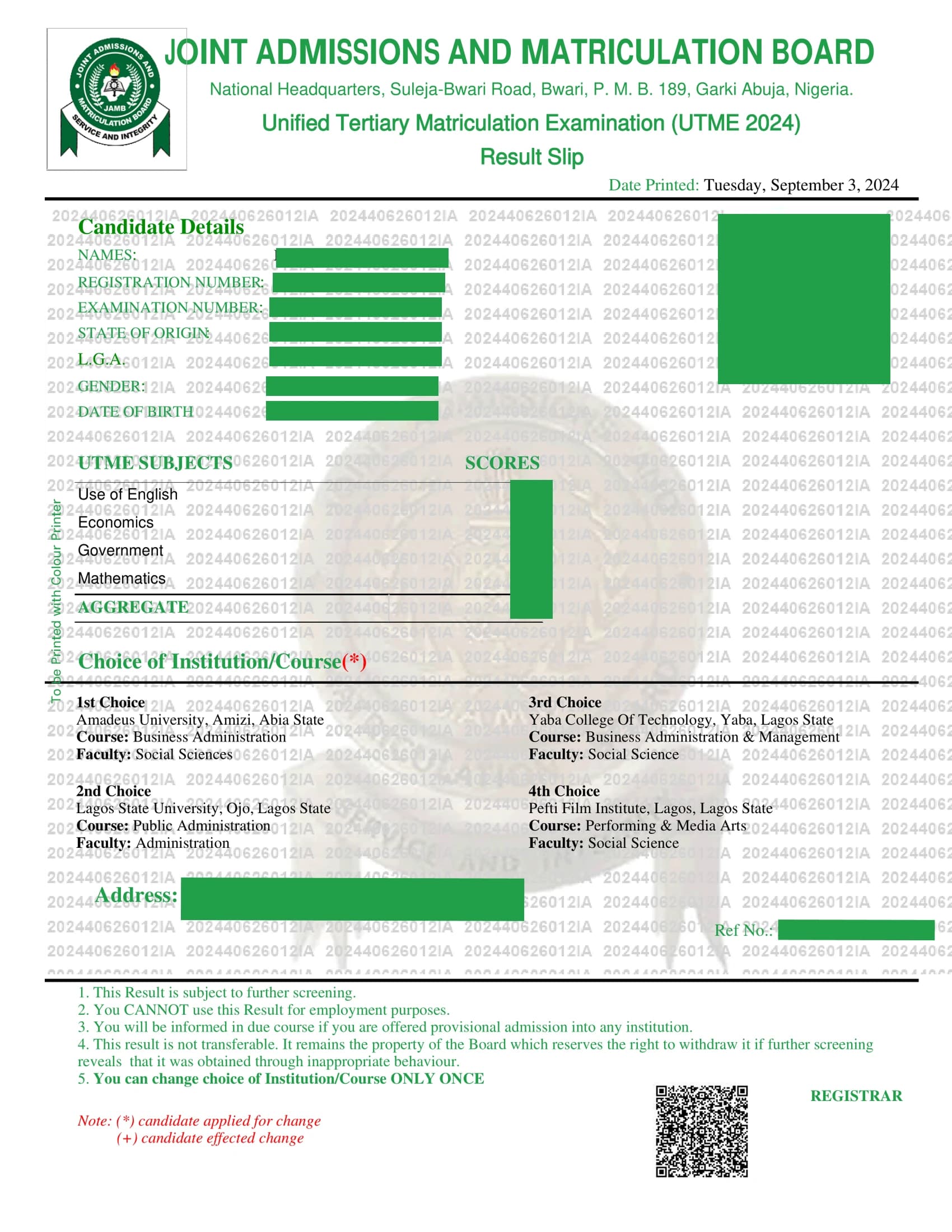 Preview of Sample JAMB Result Slip