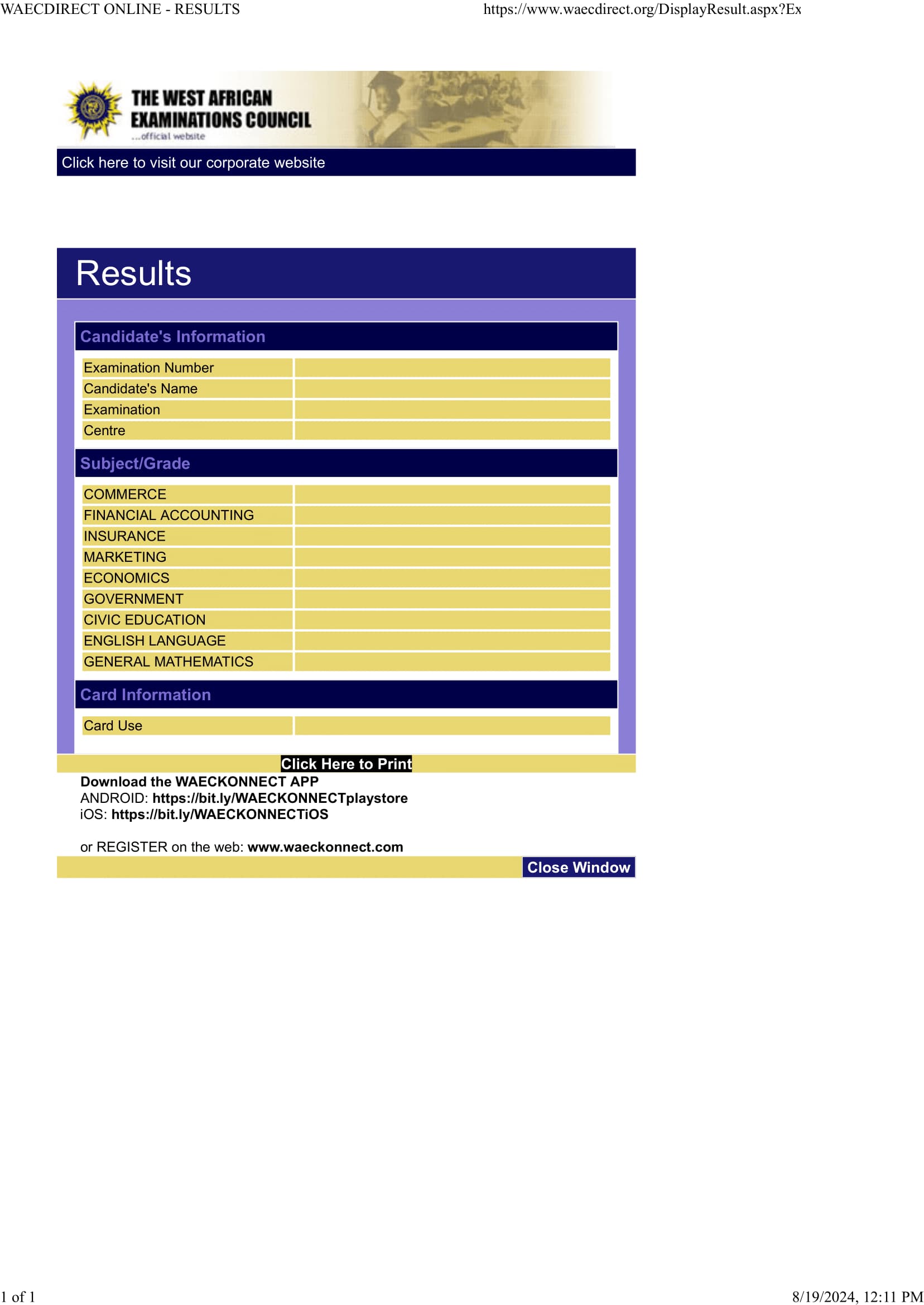 Preview of Sample WAEC Result Slip
